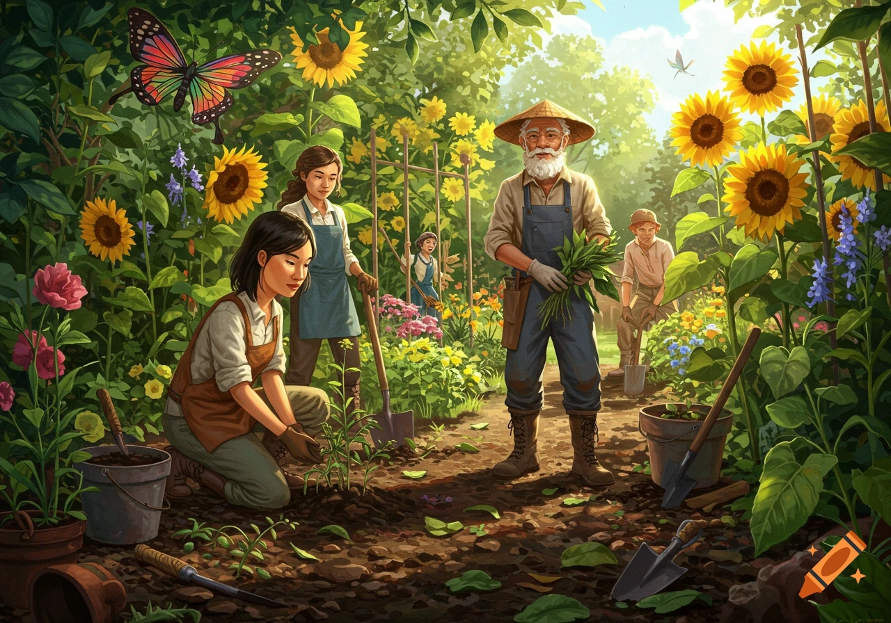 People gardening in a sunny garden among sunflowers and flowers with butterflies.
