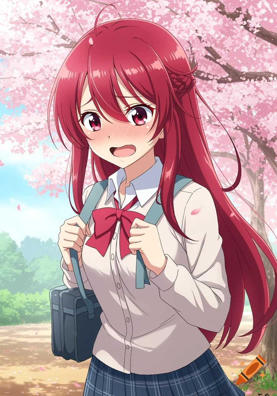 An anime girl with red hair in a school uniform looking shy under cherry blossoms.