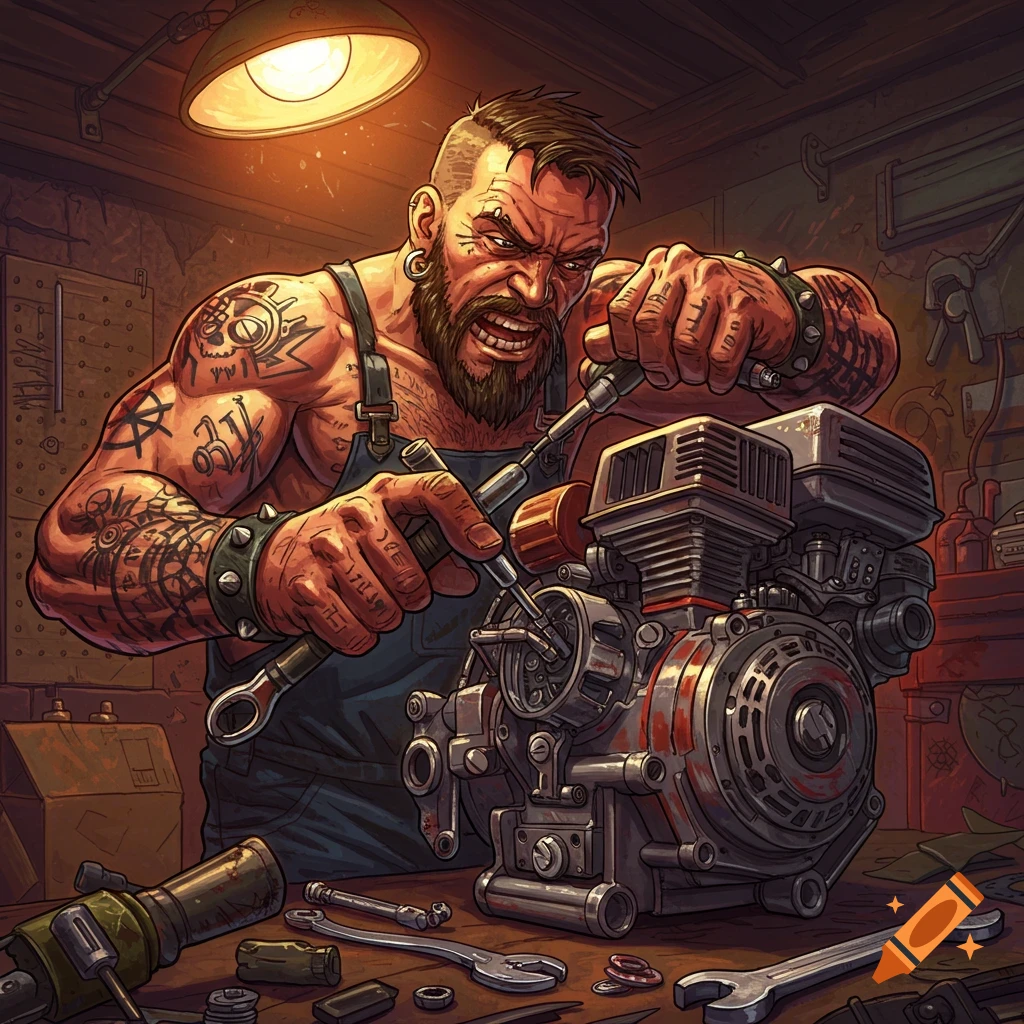 Muscular, tattooed man works on a small engine in a cluttered workshop, illustration style.