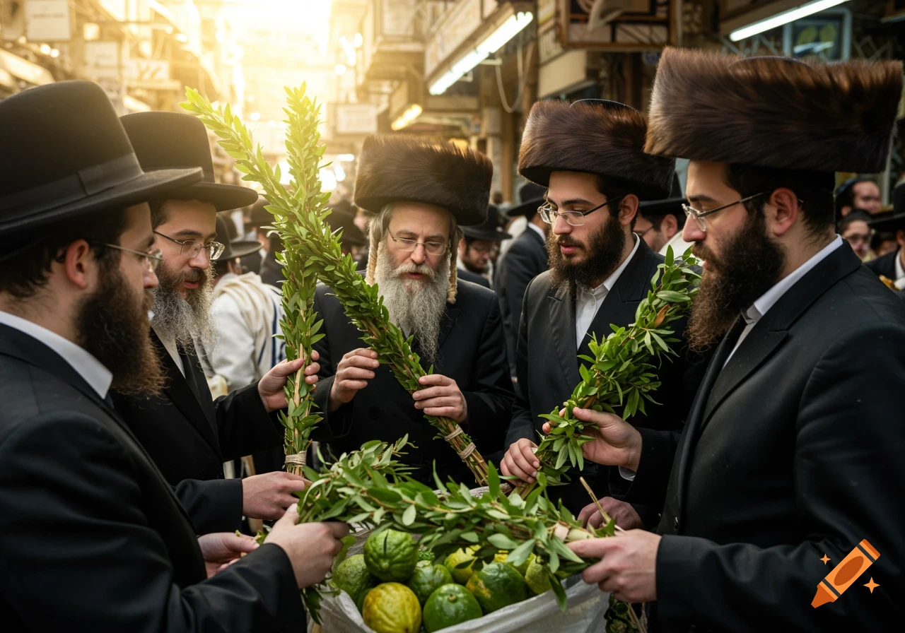 Hasidic men examine lulav and etrog during Sukkot preparations.