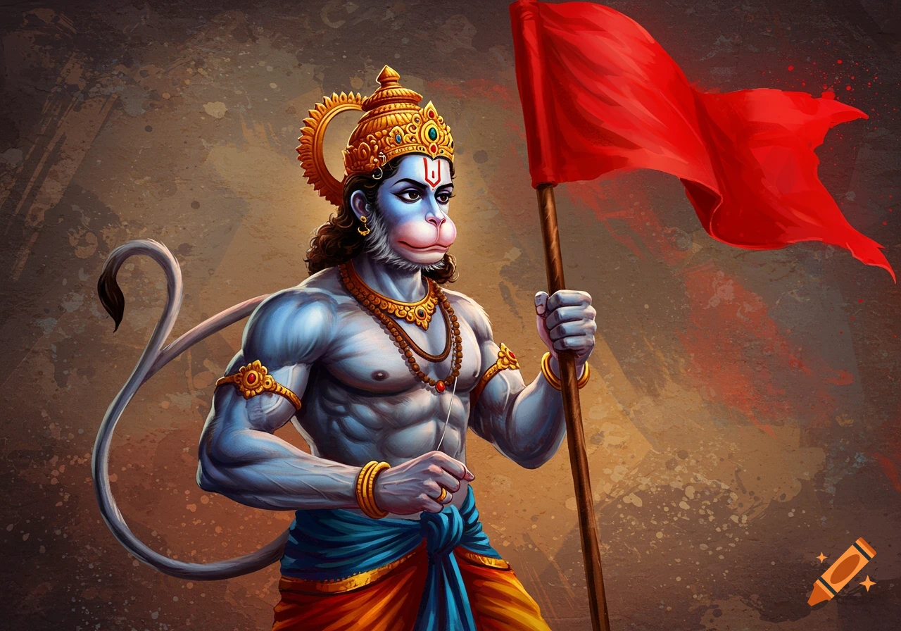 Illustration of Hanuman, a monkey deity from Hindu mythology, holding a red flag against an abstract background.