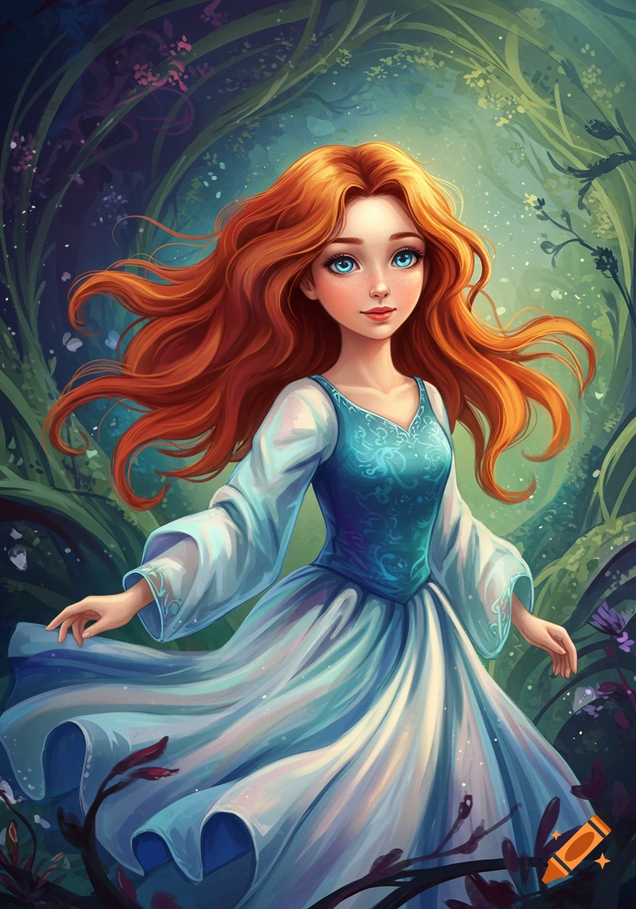 Illustration of a fantasy girl with long red hair and blue eyes in a ...