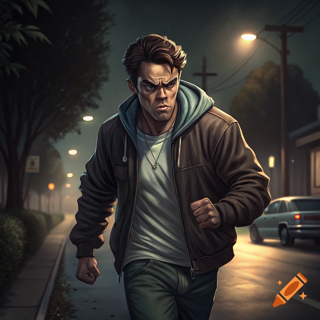 Man with angry expression walking down a street at night, illustration style.