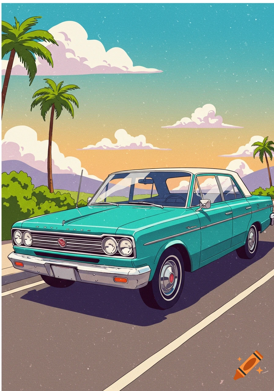Stylized illustration of a teal classic car parked by the road under palm trees at sunset.