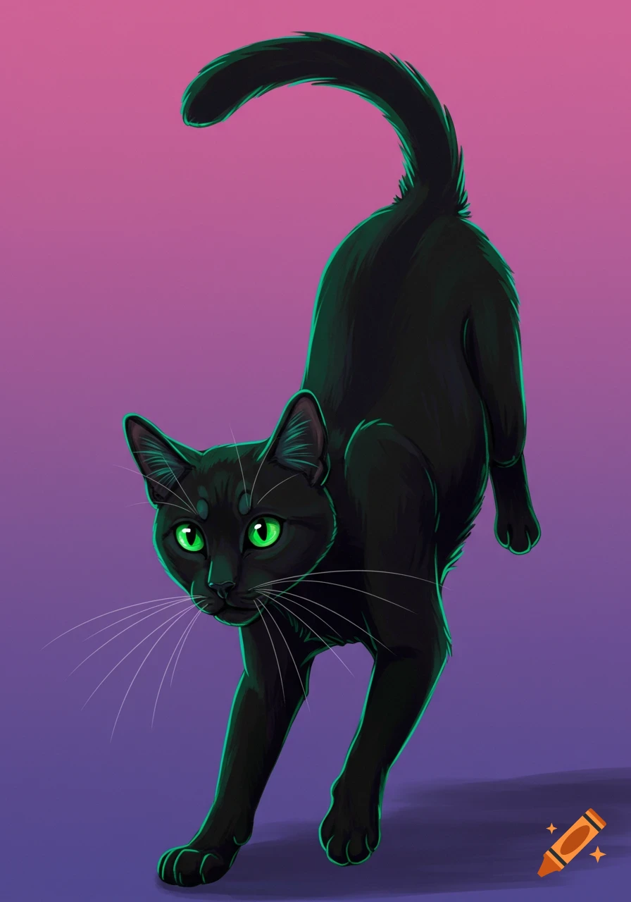 A stylized illustration of a black cat with green eyes stretching against a purple and pink gradient background.