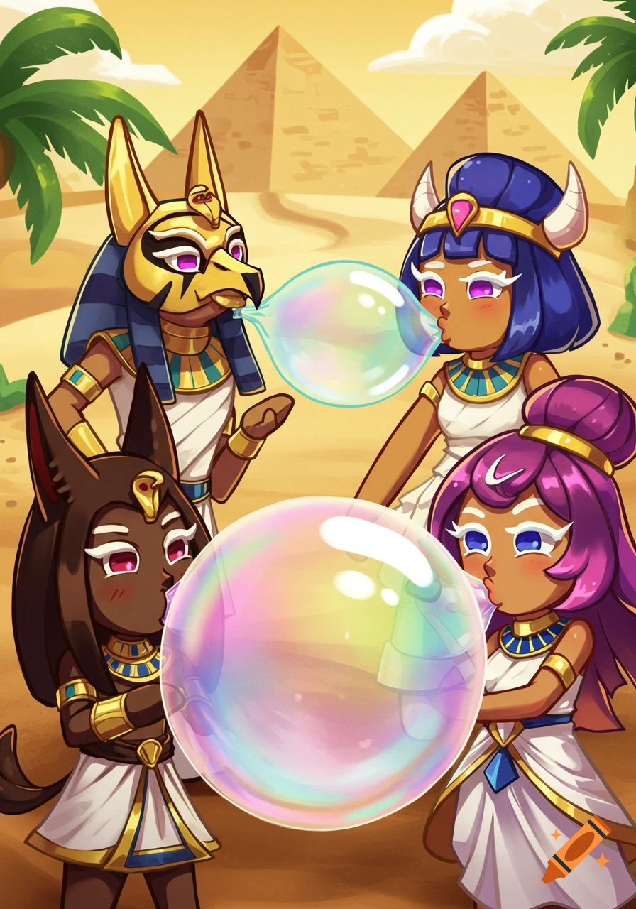 Four cartoon characters in Egyptian outfits blowing bubblegum bubbles in a desert with pyramids.