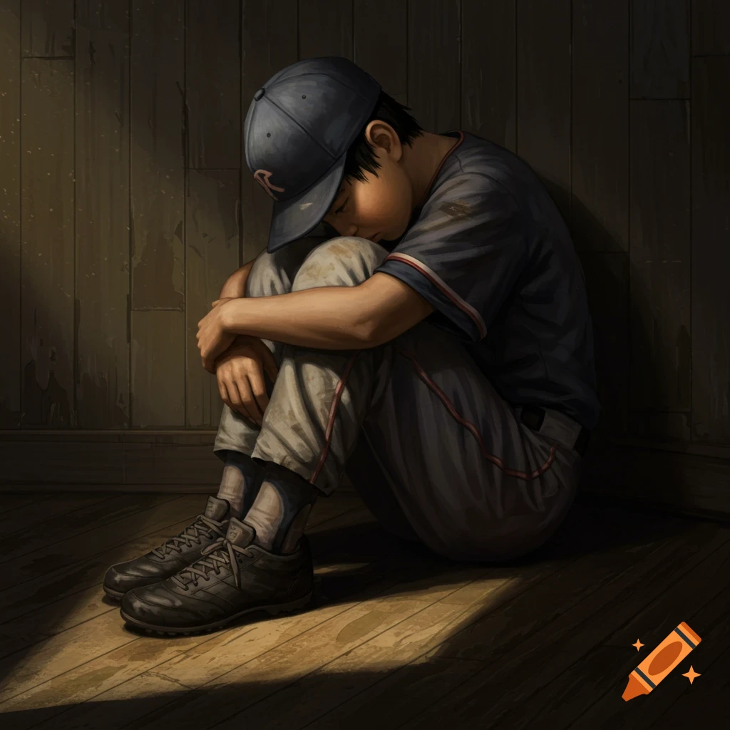 A sad boy huddled on the floor in a baseball uniform, lit by a patch of light.