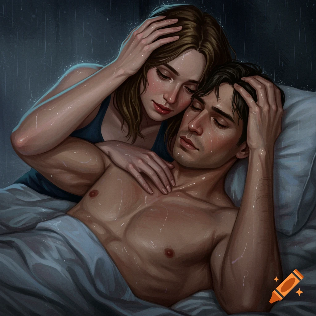 An illustration of a woman embracing a shirtless man in bed as rain falls outside.