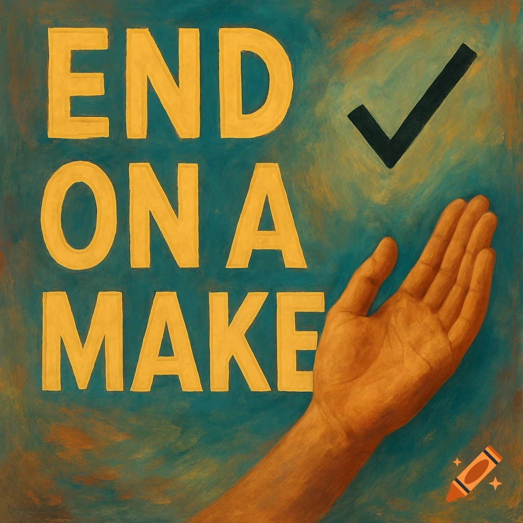 Yellow text 'END ON A MAKE' with a checkmark above a reaching hand, painterly style.