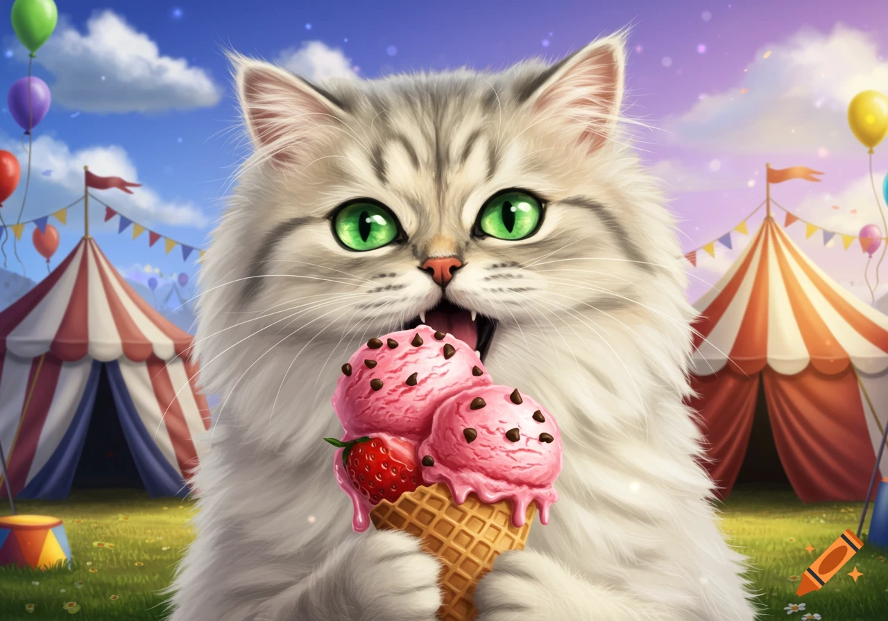 A fluffy cat eats a large strawberry ice cream cone in front of circus tents.