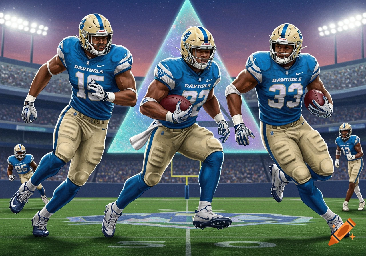 Three American football players in blue and tan uniforms run on a field during a game, with teammates behind them.