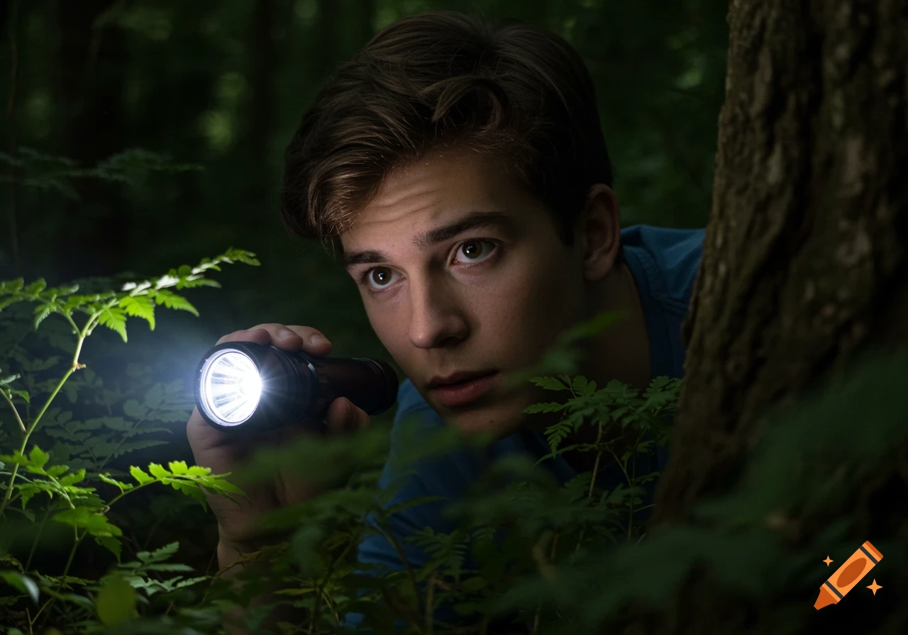 Young man looking into a dark forest with a flashlight.