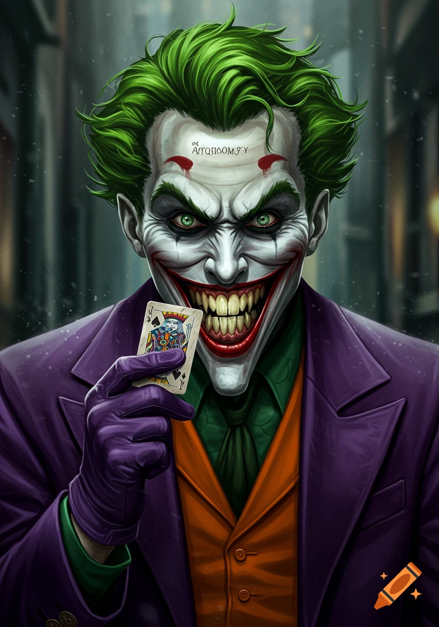 Stylized portrait of the Joker holding a jack of spades card