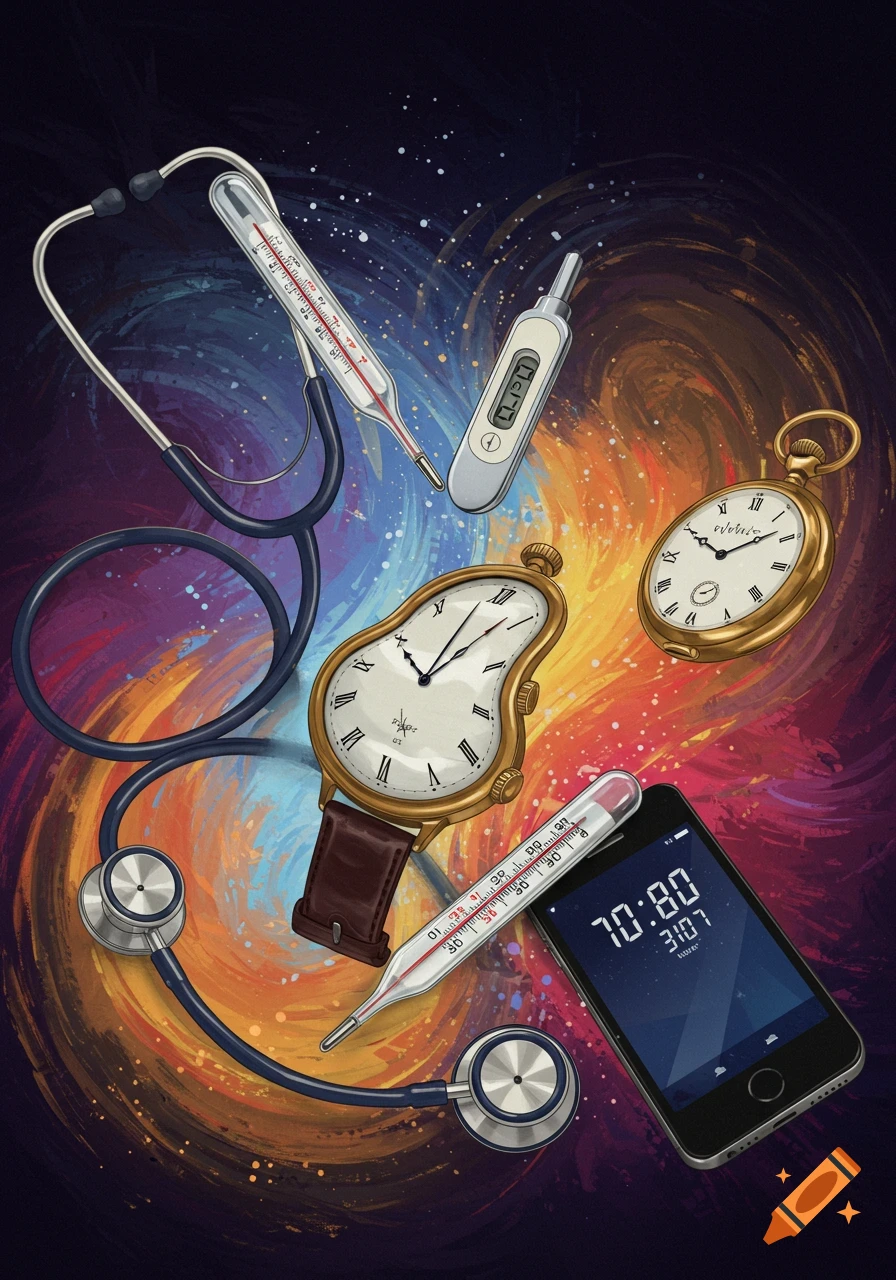 Still life illustration of medical and time objects including a stethoscope, thermometers, melting watch, pocket watch, and smartphone on a colorful background.