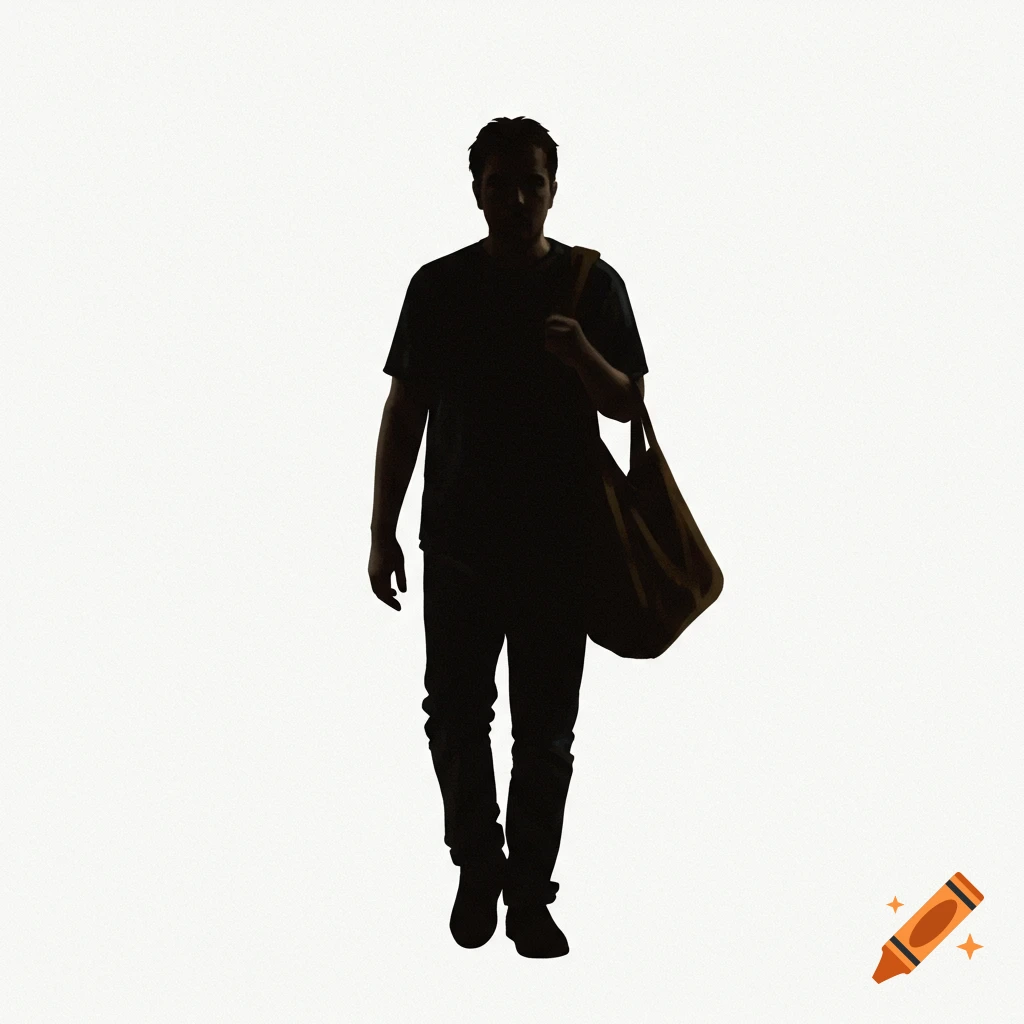 Silhouette of a man walking with a bag over his shoulder on a white background.