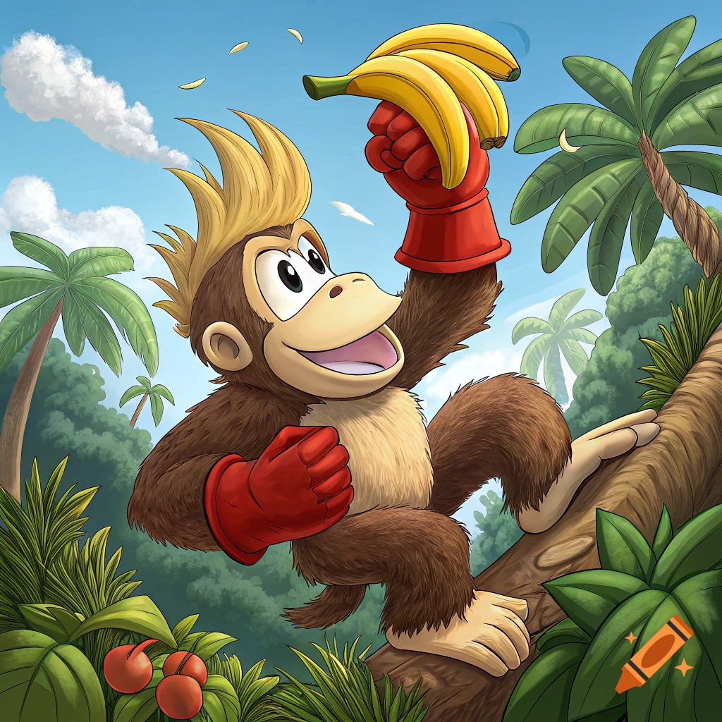 Cartoon illustration of Diddy Kong holding bananas in a jungle.
