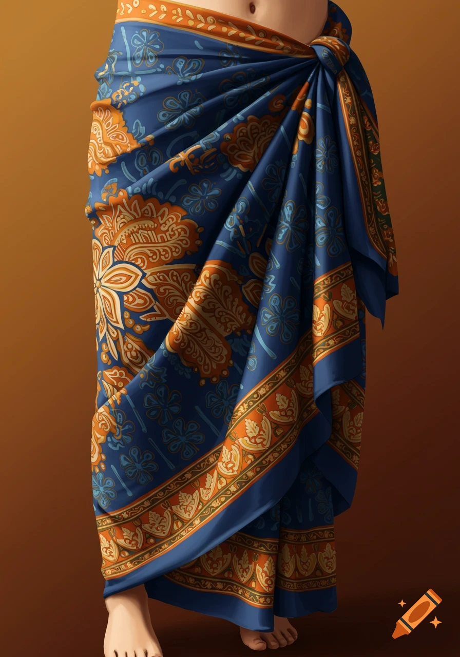 Realistic rendering of a person wearing a blue and orange patterned sarong