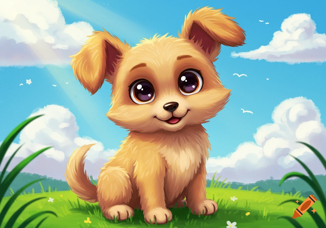 A cute cartoon puppy sits in a grassy field under a sunny blue sky.