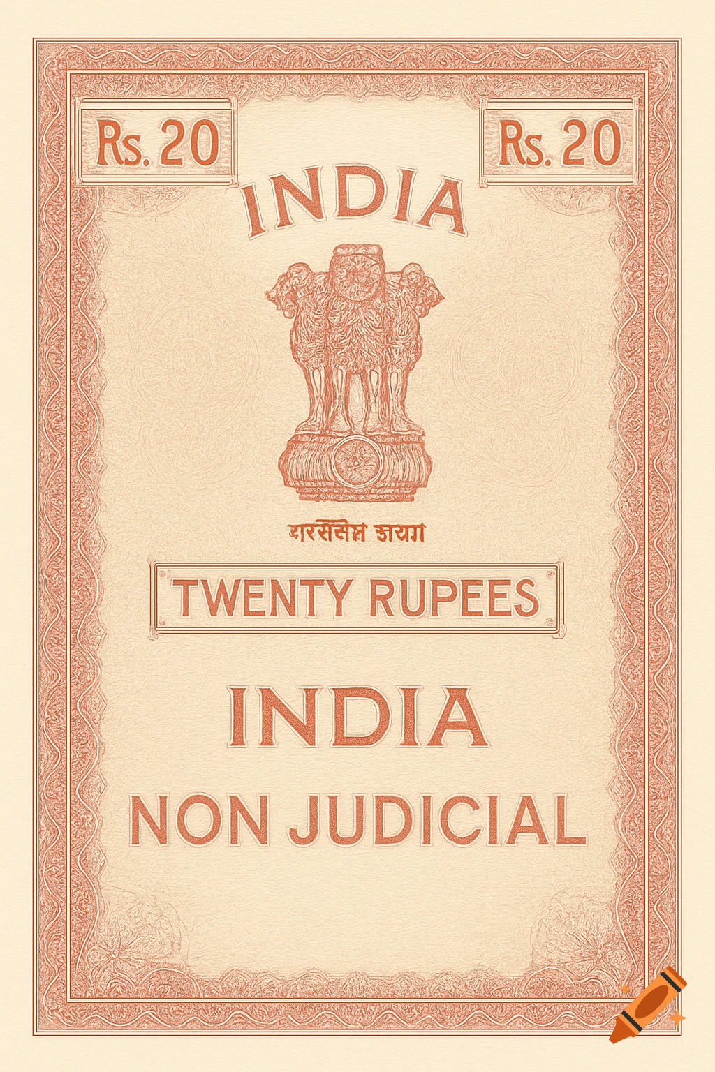 A 20 Rupee Indian non-judicial stamp paper with the Ashoka emblem