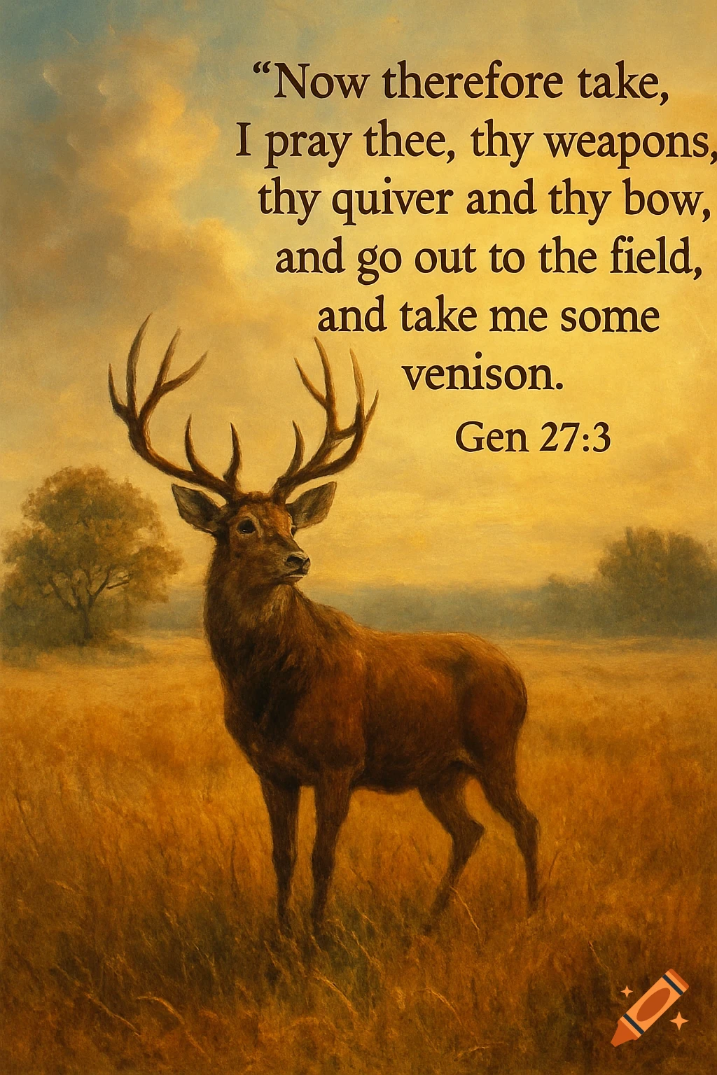 A painted image of a deer standing in a field with biblical text overlayed.