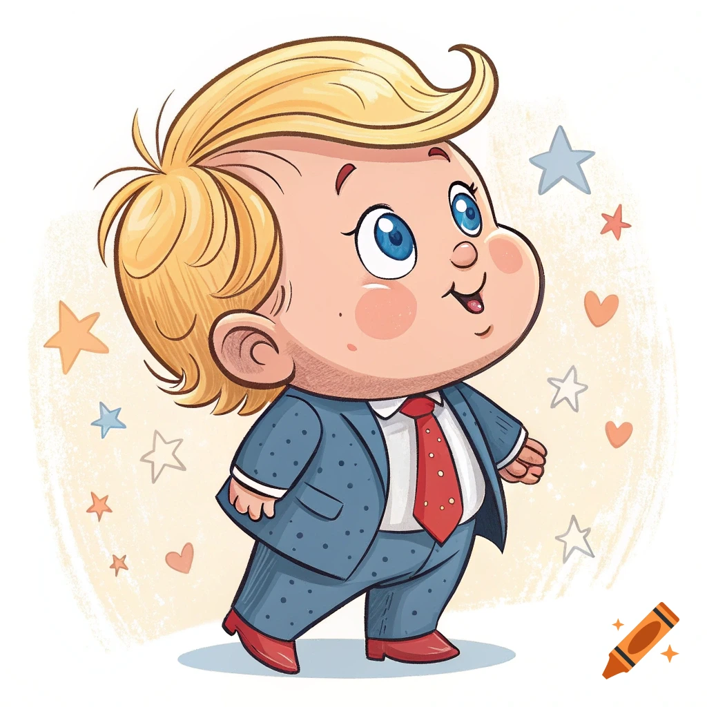 A cartoon illustration of a baby resembling Donald Trump wearing a blue suit and red tie, standing among floating stars and hearts.