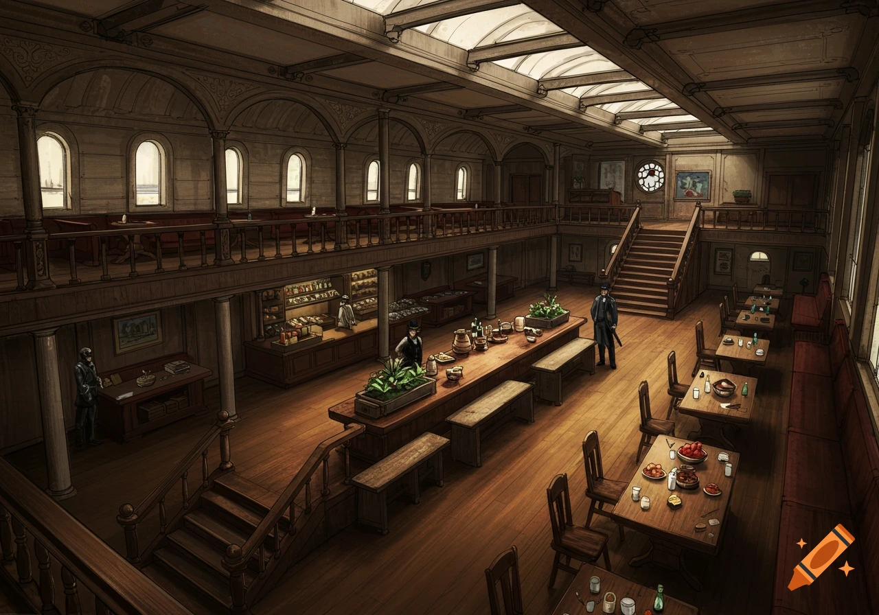 Illustrated interior of a large two-level hall on a 19th-century ship with dining areas, a bar, and stairs.