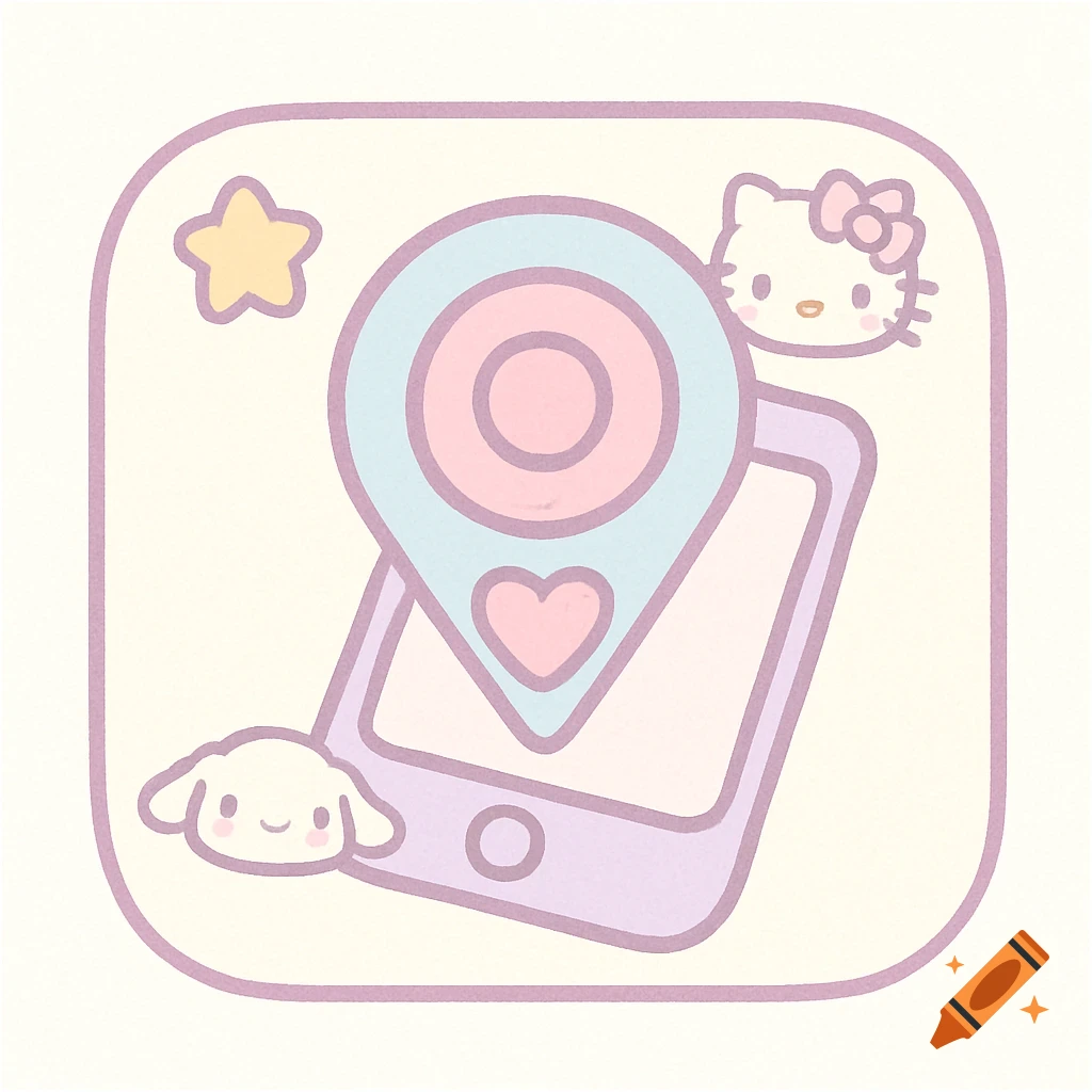 Pastel Sanrio-style icon with a location pin, phone, Hello Kitty, and Cinnamoroll on a white background.