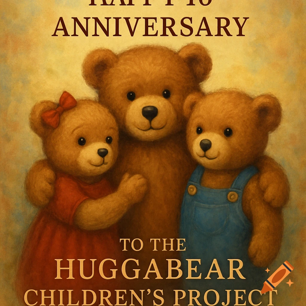 Painted illustration of three teddy bears, one in a red dress, one in blue overalls, with text 'Happy 16 Anniversary to The Huggabear Children's Project'.