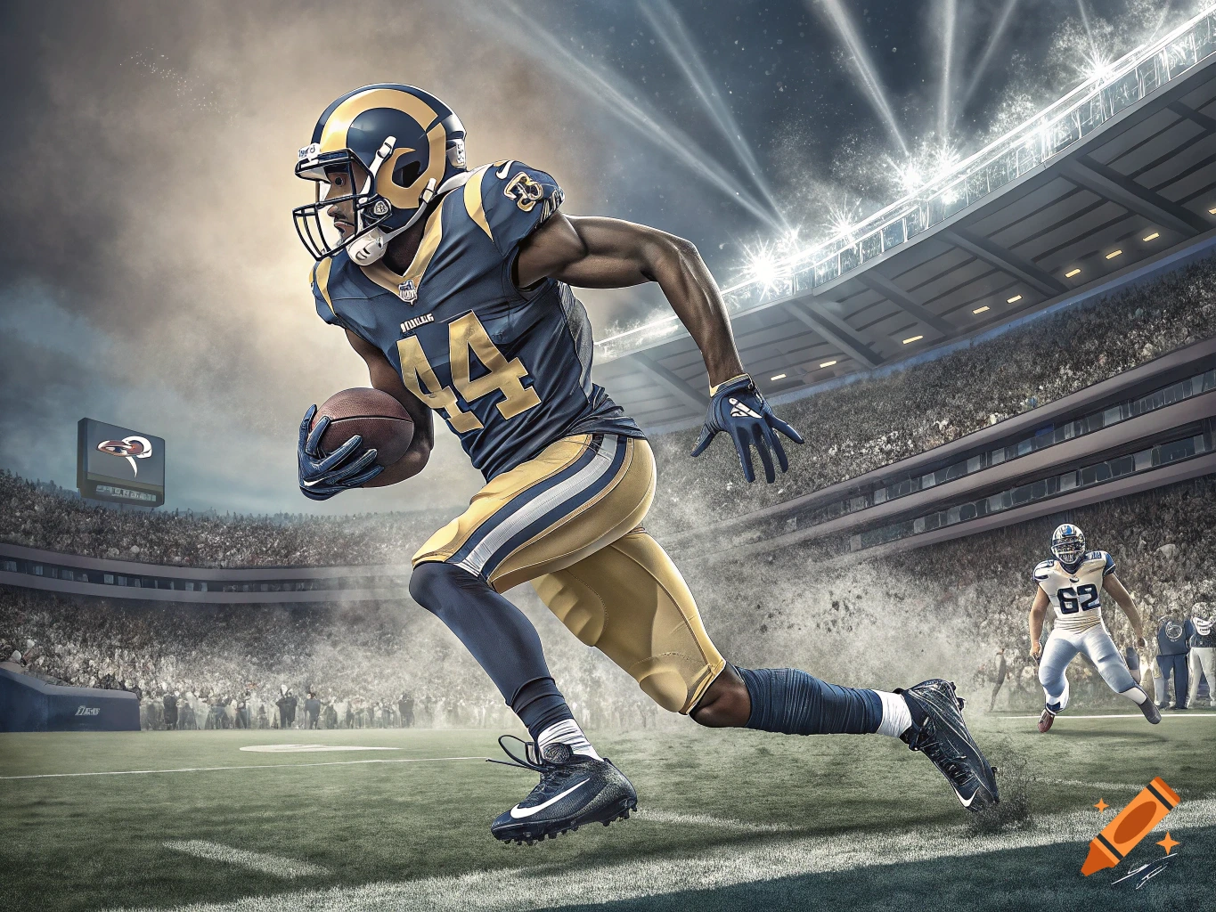 An American football player runs with the ball on a field in a stadium during a game.
