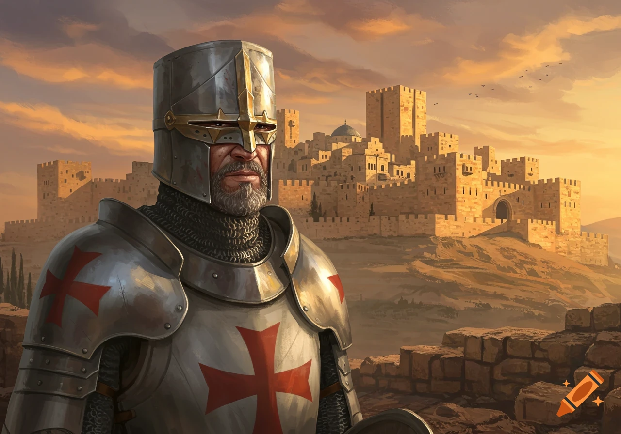 A knight in templar armor stands before a castle at sunset.