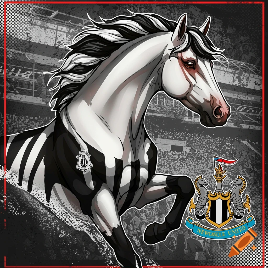 Stylized illustration of a horse with black and white stripes and a Newcastle United crest, standing in front of a stadium crowd.