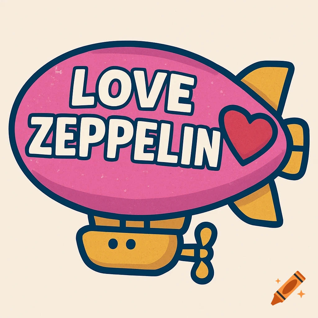 A pink cartoon zeppelin airship with 'LOVE ZEPPELIN' written on it and a red heart.