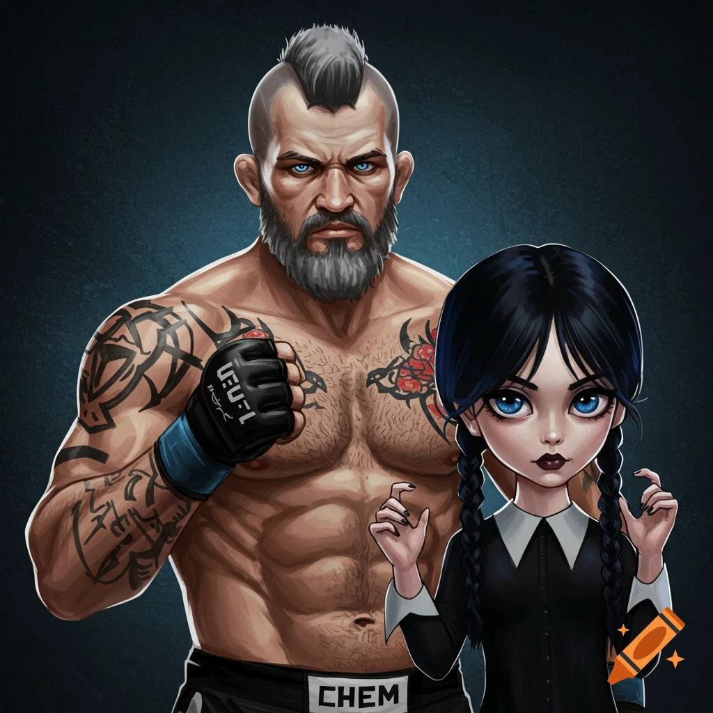 Illustration of an MMA fighter with tattoos and a mohawk standing next to a girl dressed like Wednesday Addams.