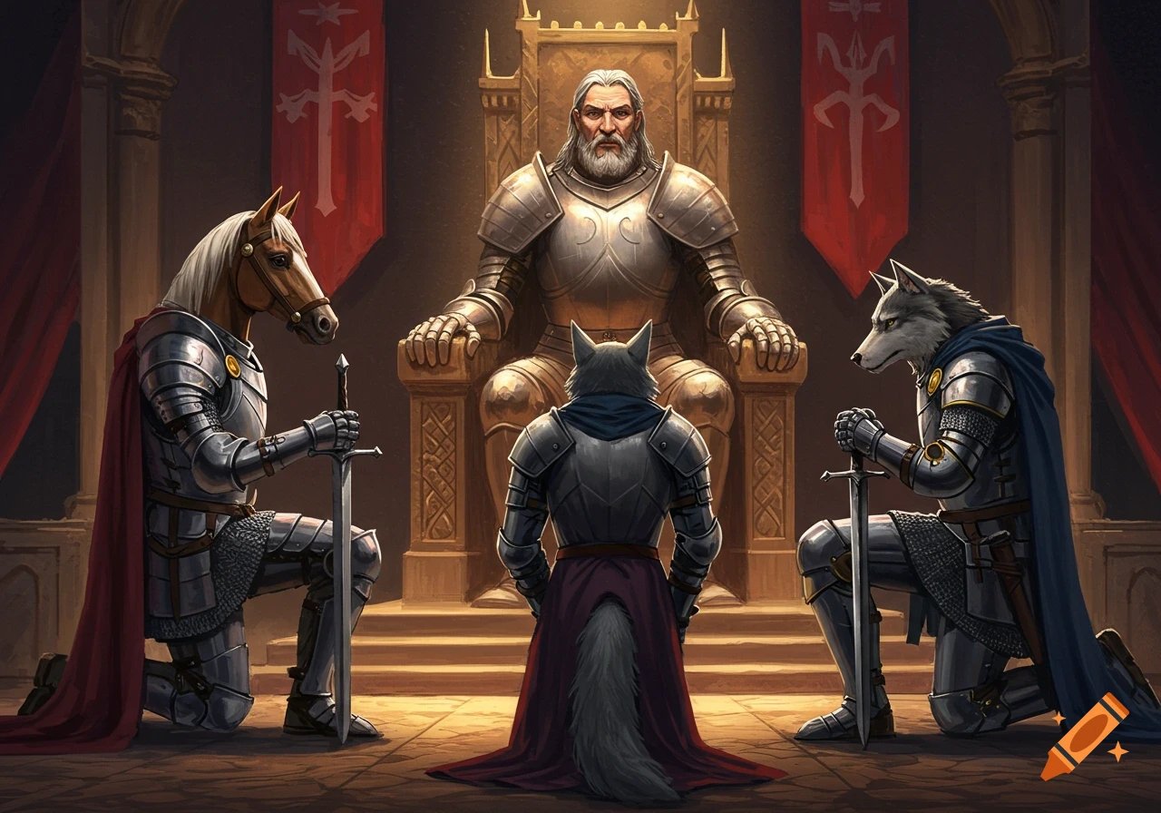 A king sits on a throne while three armored knights with animal and human heads kneel before him.