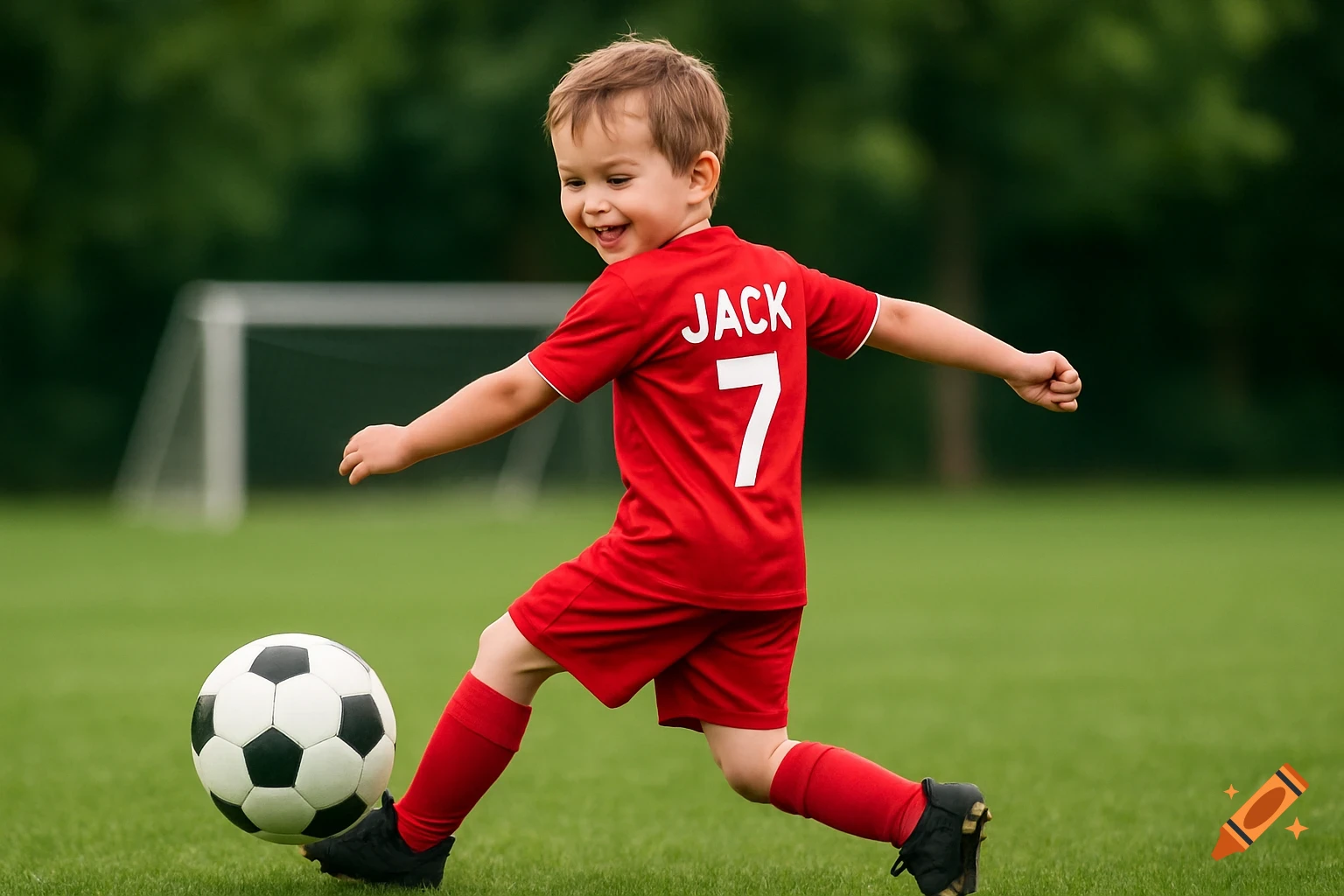 Happy young boy in red soccer uniform kicks a ball on a field