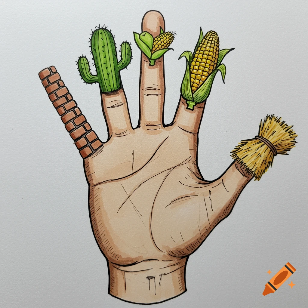 Drawing of a hand with a brick wall on the index finger, a cactus on the middle finger, corn on the ring finger, and a haystack on the pinky.