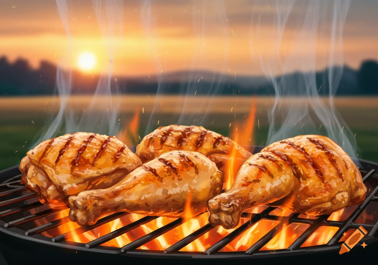 Digital painting of chicken leg quarters and breasts grilling on a barbecue grill at sunset, with smoke rising.