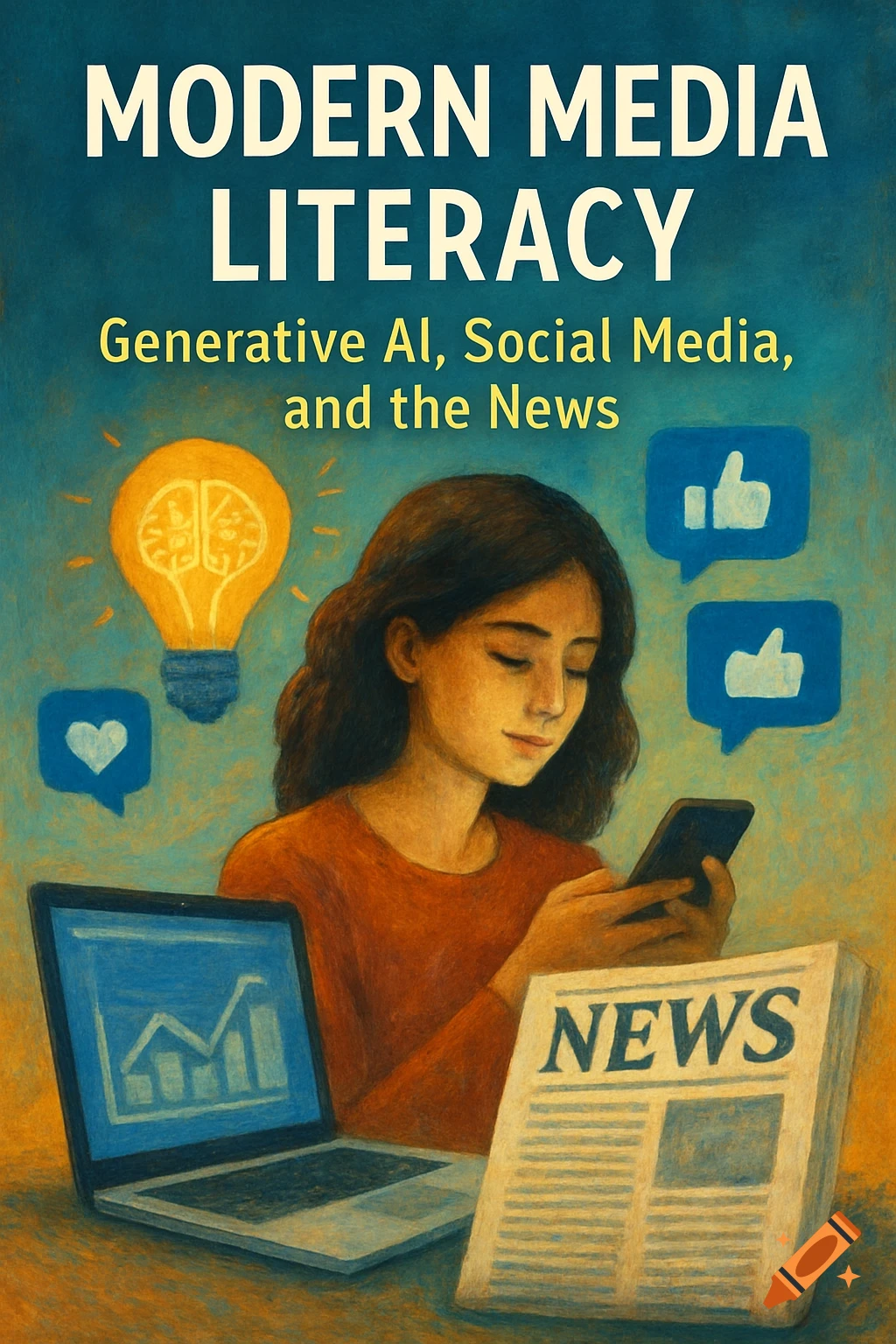 Painting of person with phone, laptop, newspaper, lightbulb, and text "Modern Media Literacy".