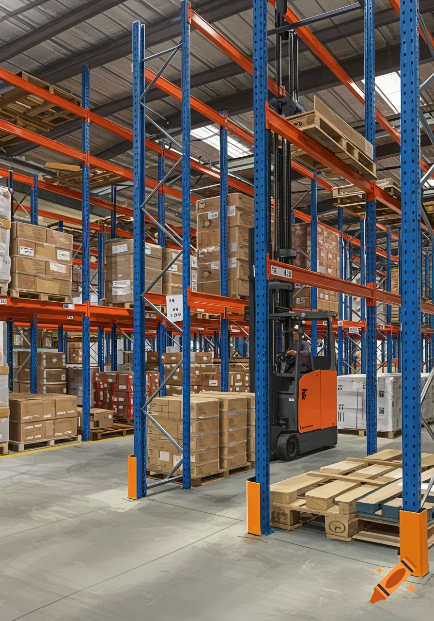 A forklift operates in a tall warehouse with shelves of boxes.