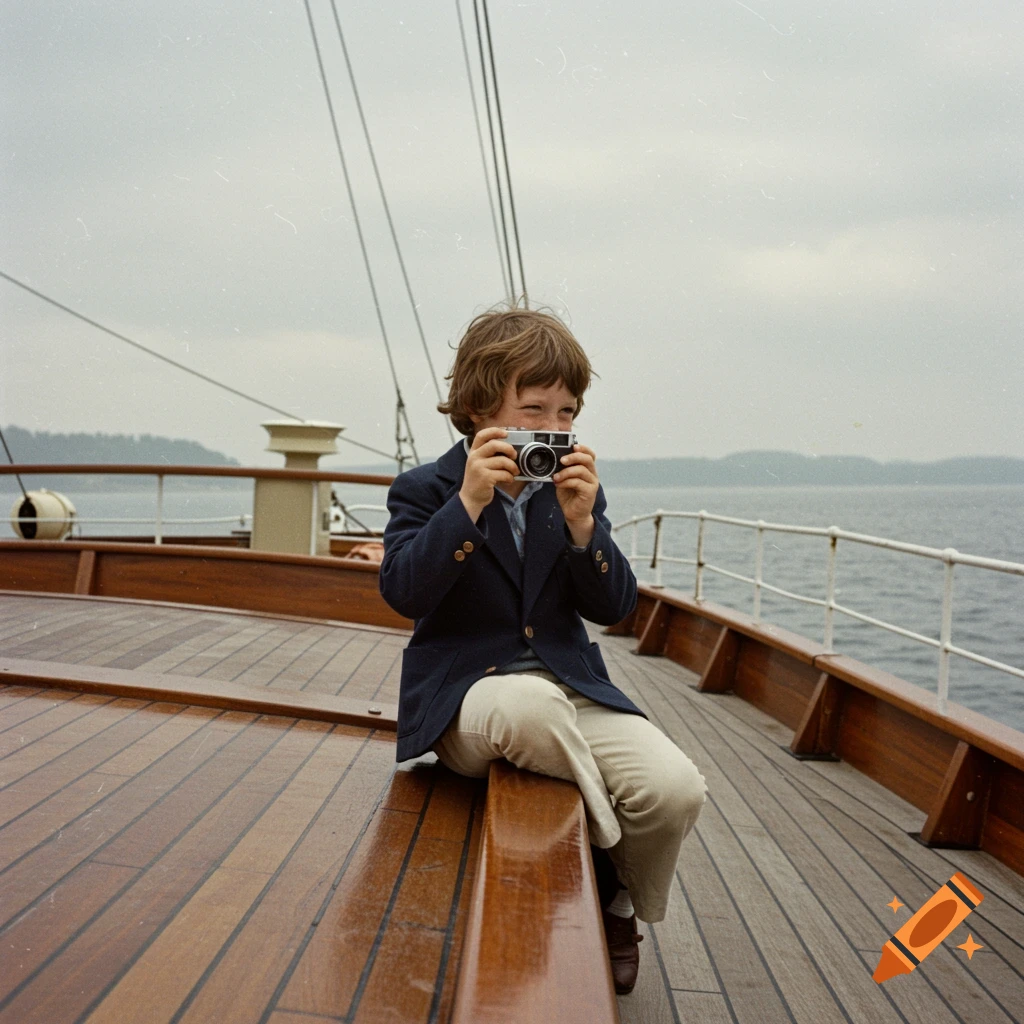 Vintage photo of a boy sitting on a boat deck, holding a camera.