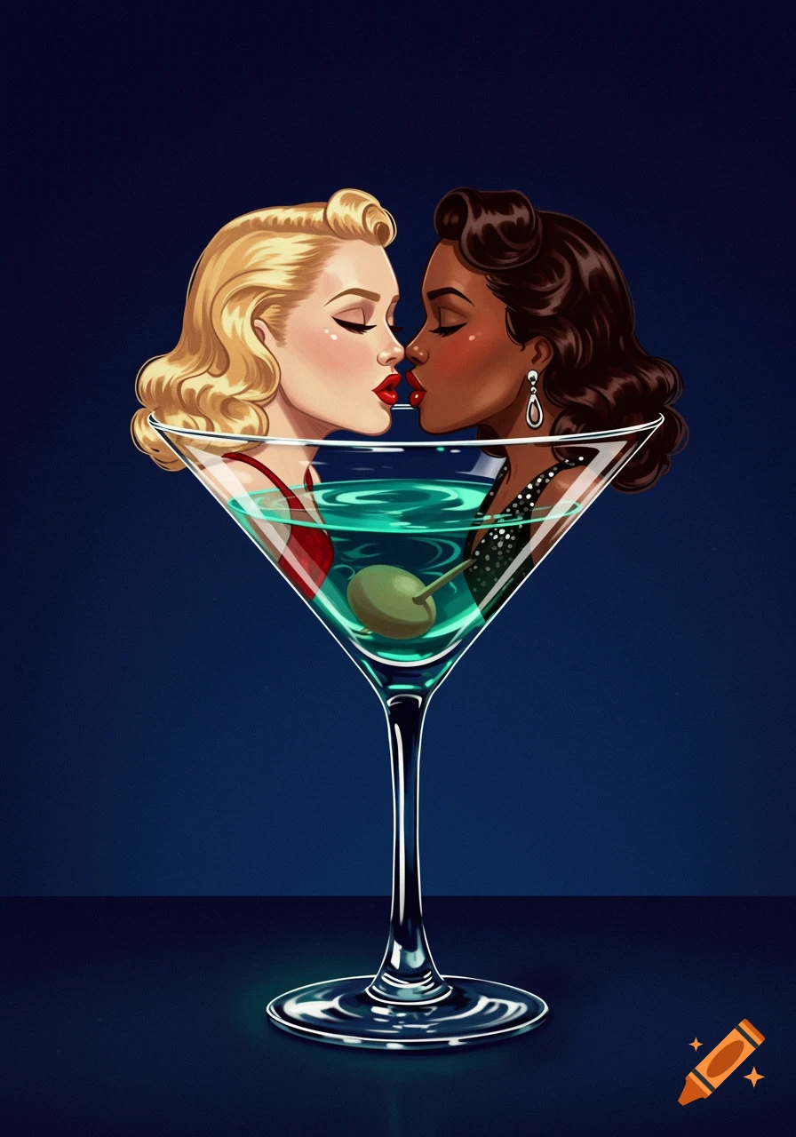 Stylized illustration of two women kissing inside a martini glass.