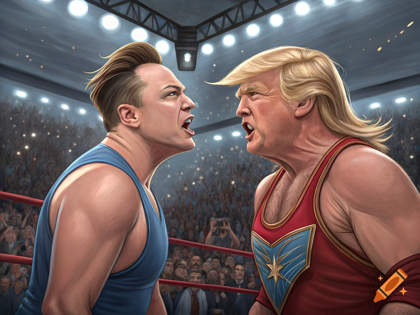 Caricature of Elon Musk and Donald Trump facing off in a wrestling ring