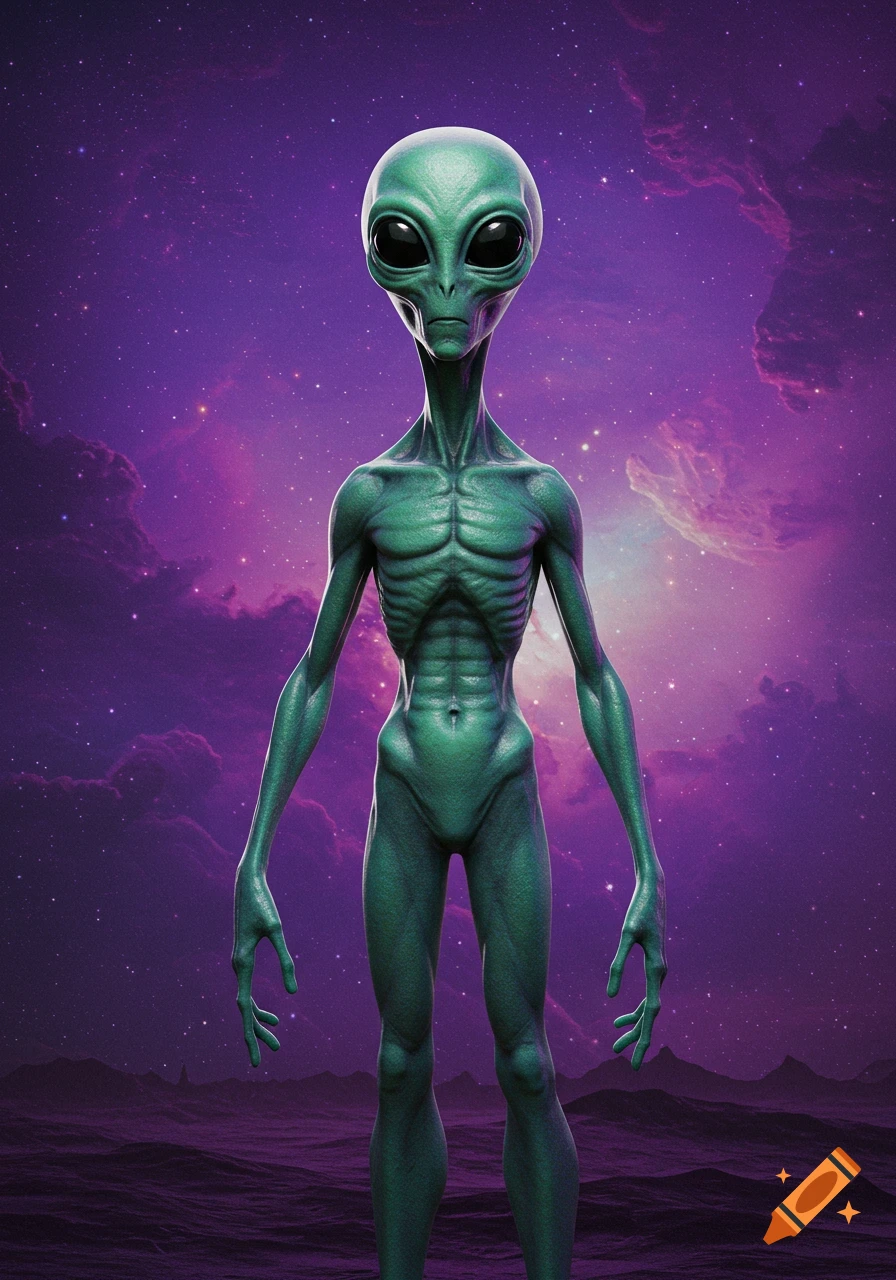 A green alien stands in a landscape under a purple galaxy sky.