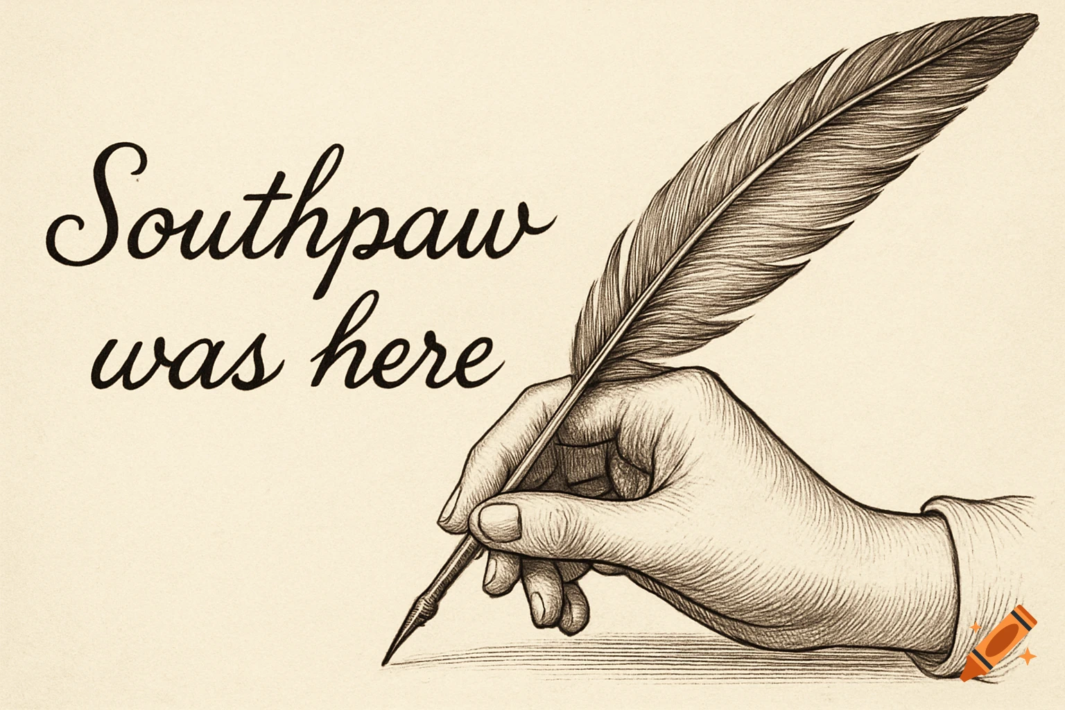 Illustration of a hand holding a quill pen writing 'Southpaw was here'