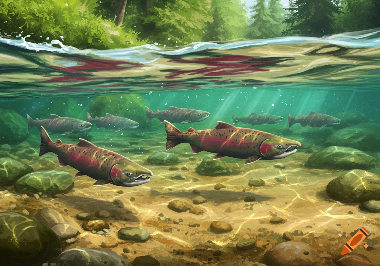 Underwater view of salmon swimming in a sunlit river with rocks and green trees visible above water.