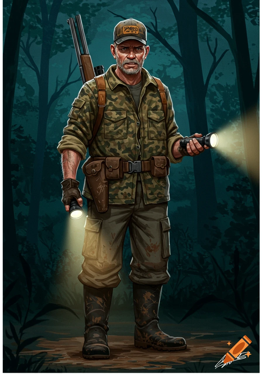 Character illustration of a hunter in camouflage with rifle and flashlights in the woods.