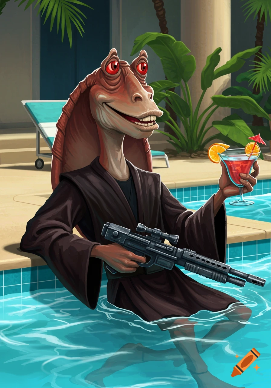 Jar Jar Binks stands in a pool, holding a rifle in one hand and a cocktail in the other.