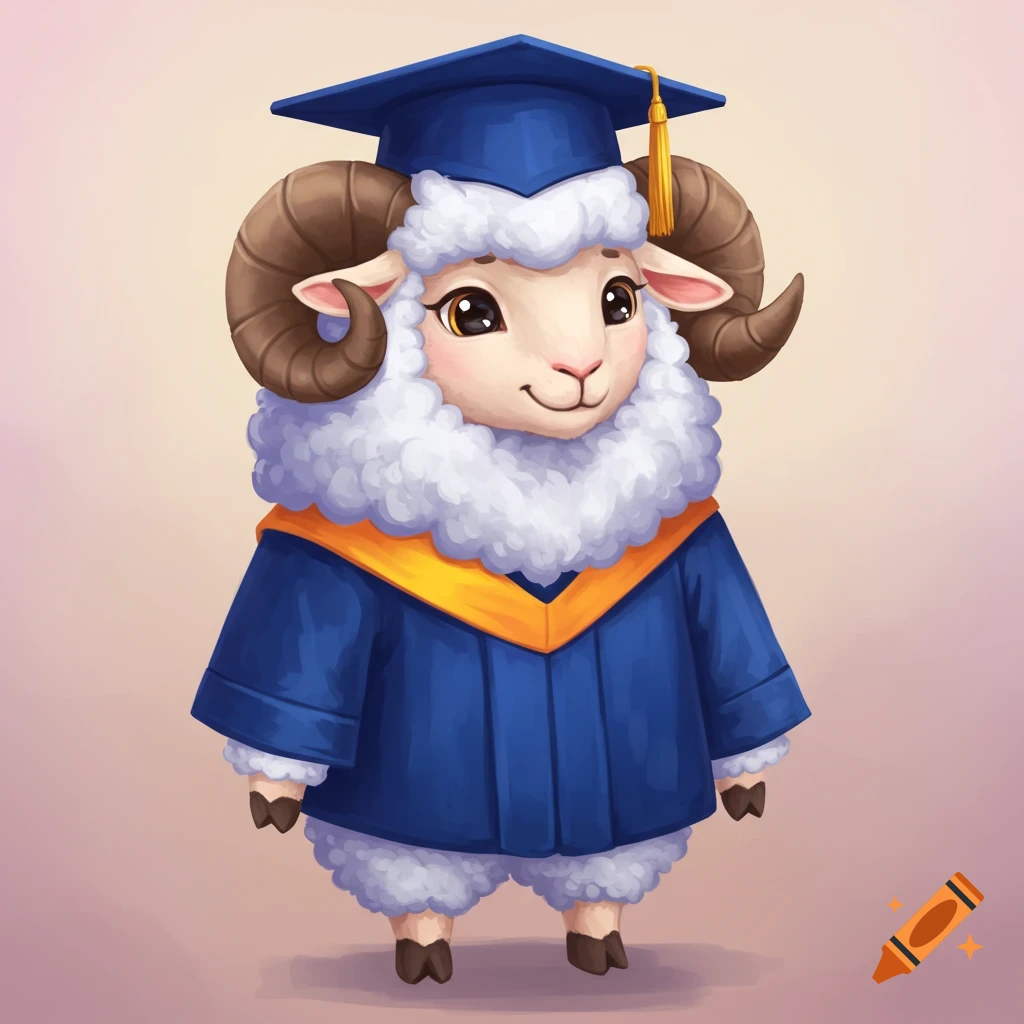 A cartoon ram wearing a blue graduation cap and gown