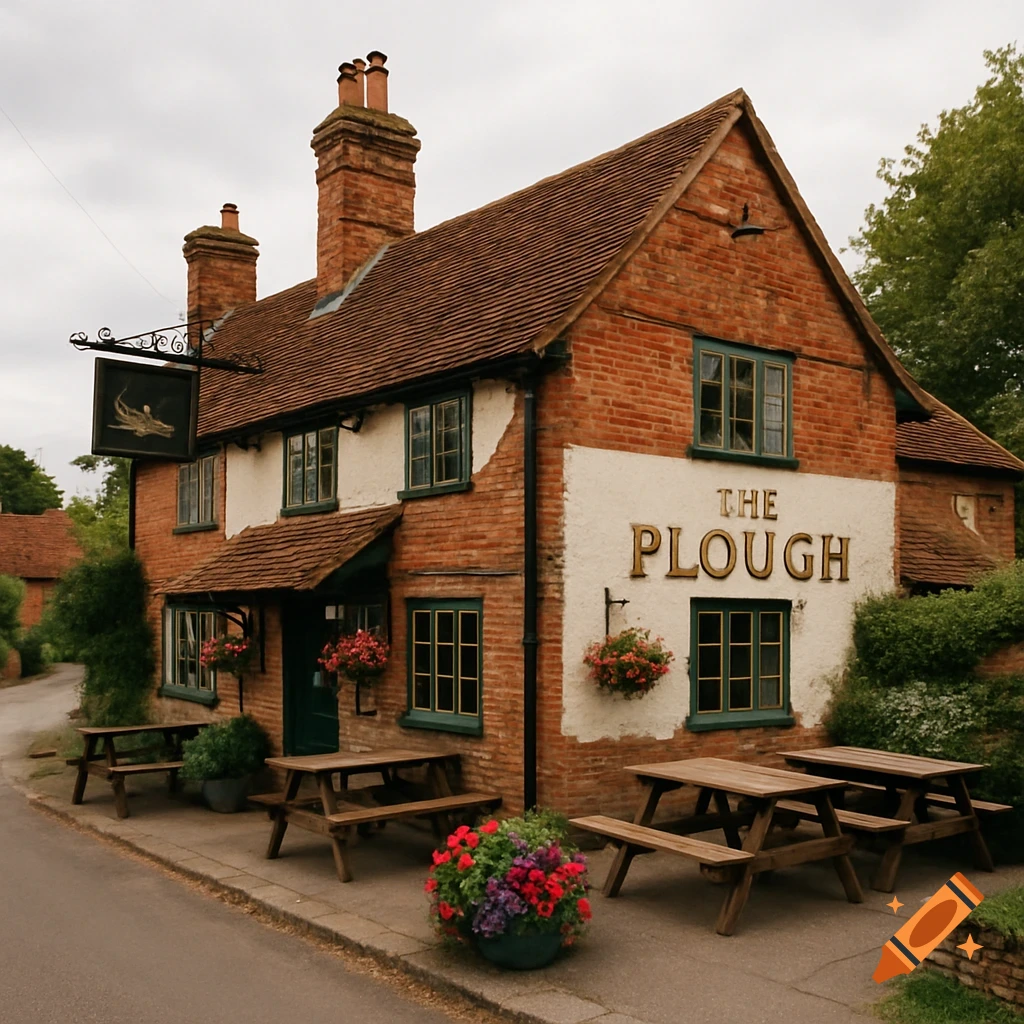 A brick pub called The Plough with outdoor picnic tables and hanging flowers.