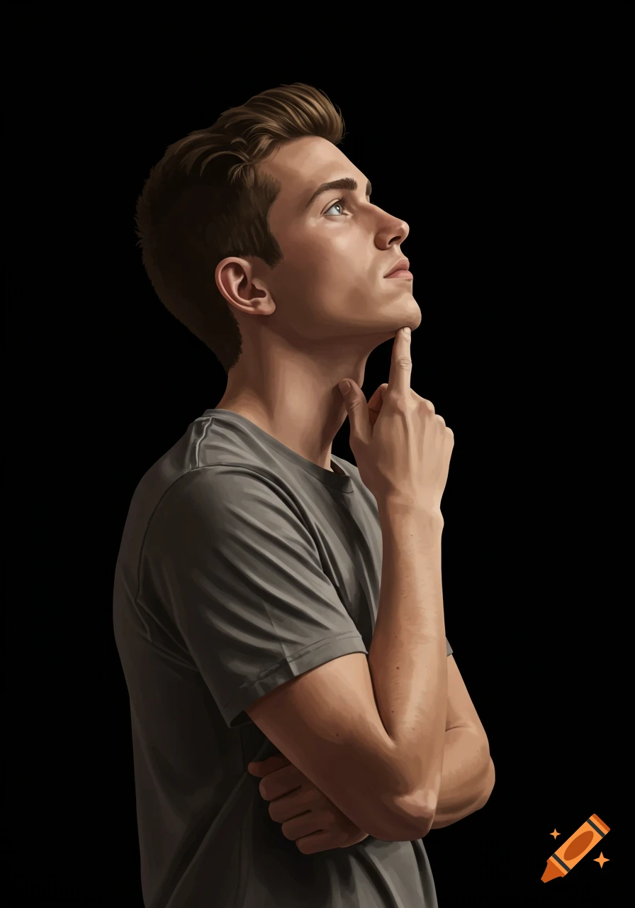 Digital painting of a young man in a thoughtful pose, hand on chin, looking up.